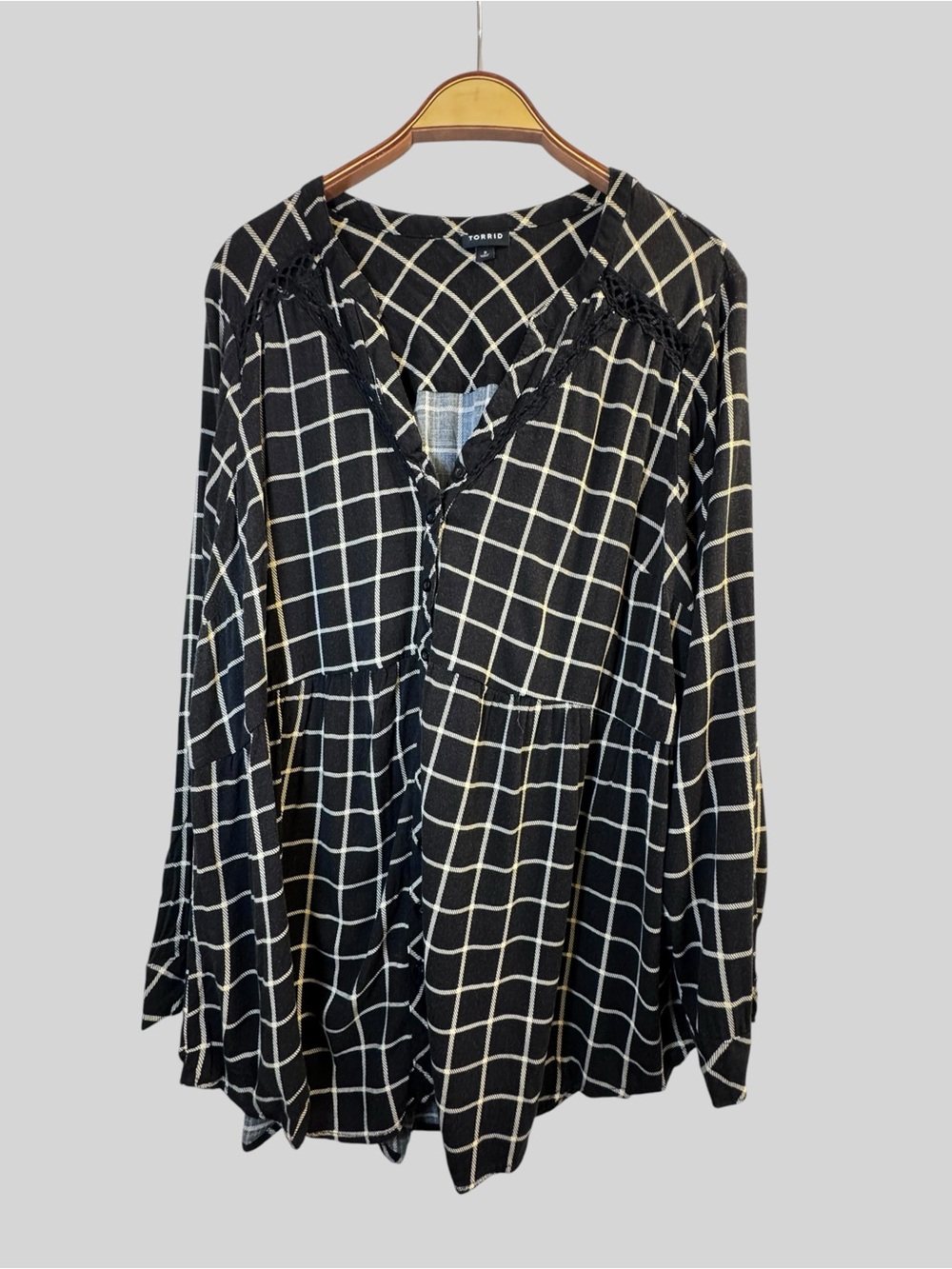 Torrid Women’s Emma Black Plaid Babydoll Tunic Lace Trim Long Sleeve Plus Size3X